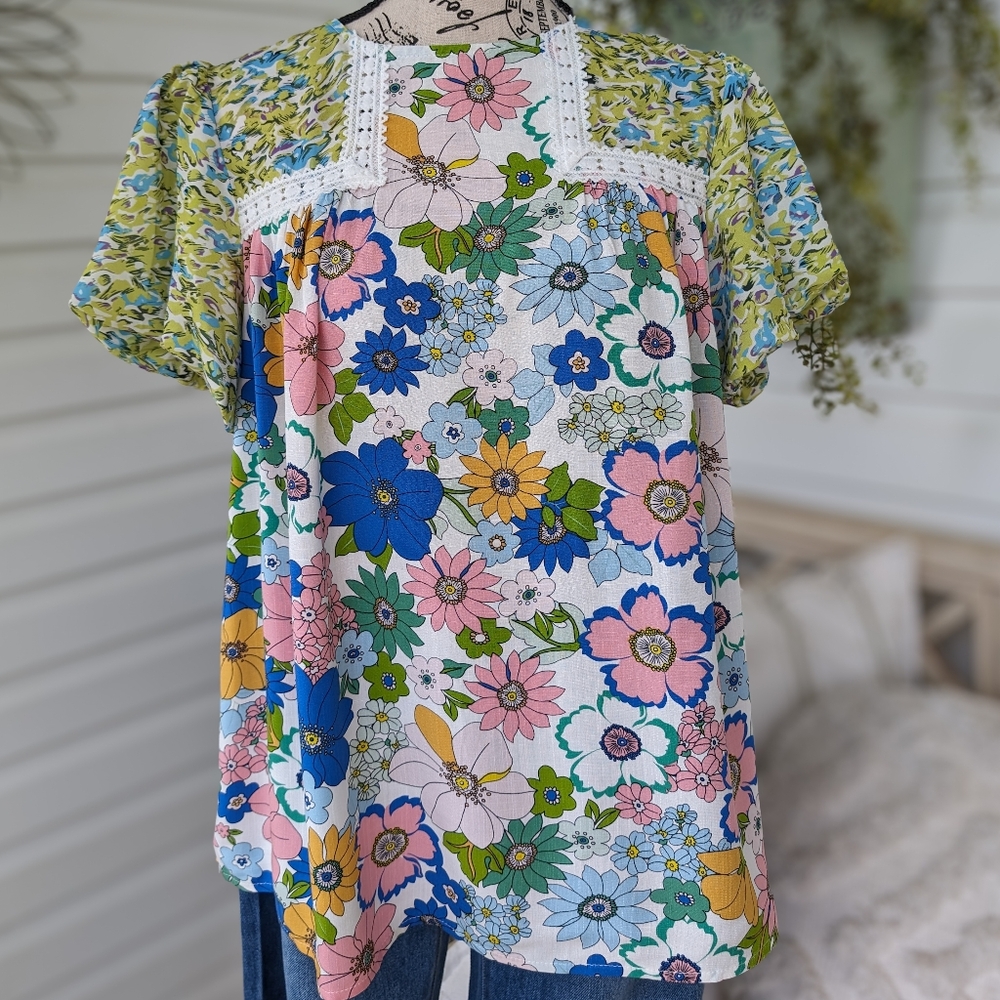 Ruffled Blue and Pink Short Sleeve Blouse with Bib Collar